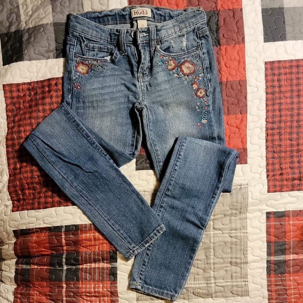 Mudd Blue Skinny Jeans with Playful Floral Details